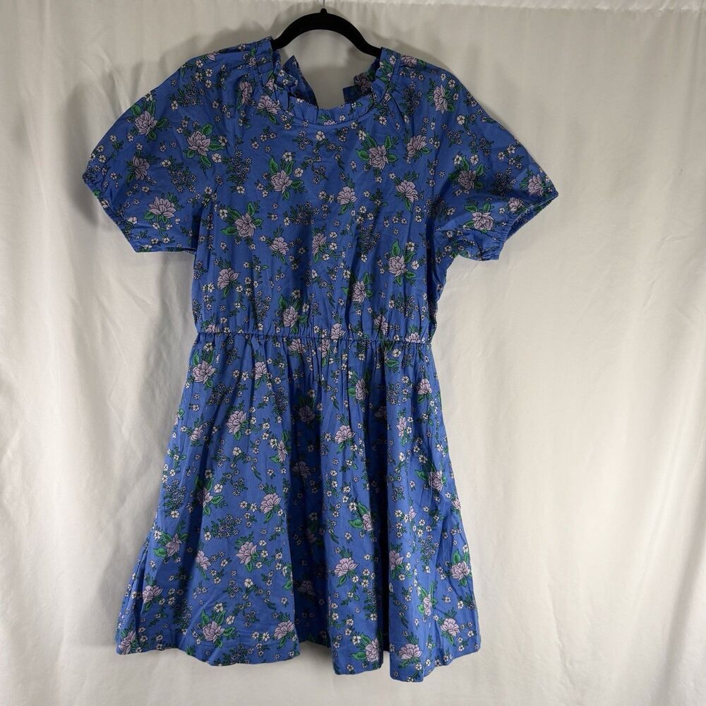 New J Crew Mini Dress Women's 12 Blue Floral Short Sleeve Puff Sleeve Tie Back
